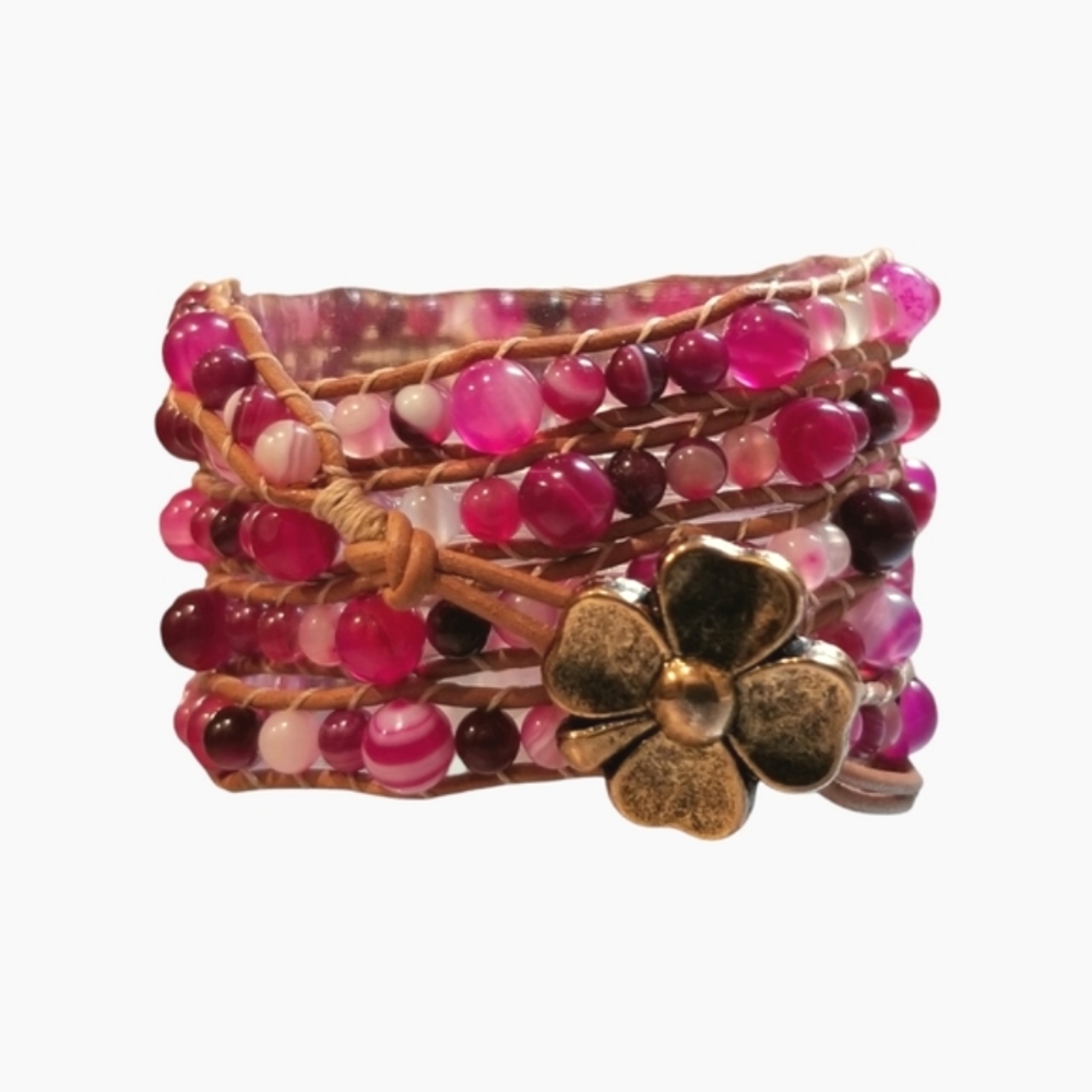 Pink Stripe Agate Wavy 5 Wrap Bracelet,  OS